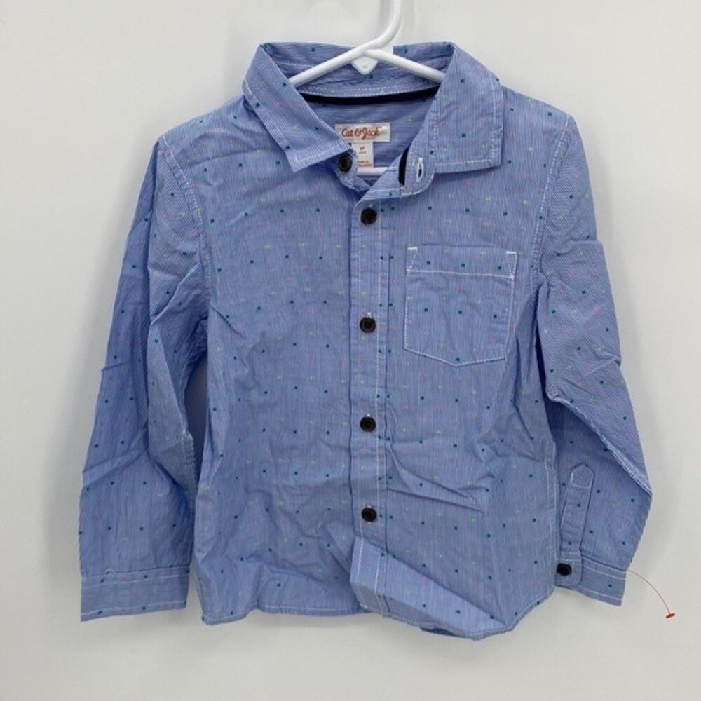 Cat & Jack 5T Blue Button Up Shirt Long Sleeve Pink Polka Dots Striped New